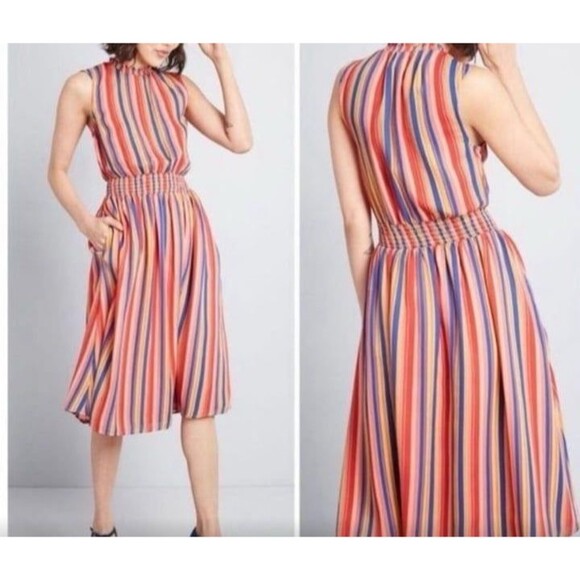 Modcloth Savor The Occasion Dress Sleeveless Flowy Striped Multicolor Print Sz S - Picture 1 of 6